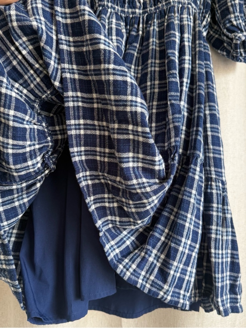 American Eagle Navy Blue Plaid Puff Sleeve Babydoll Cottagecore Mini Dress - Picture 3 of 6